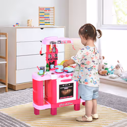 HOMCOM 38-Piece Children's Kitchen Play Set w/ Realistic Sounds Lights Food Pink