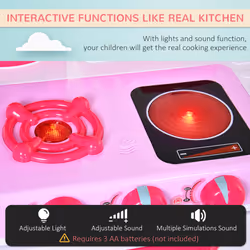 HOMCOM 38-Piece Children's Kitchen Play Set w/ Realistic Sounds Lights Food Pink