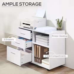 HOMCOM Freestanding Storage Cabinet w/ 3 Drawers 2 Shelves 4 Wheels Office White