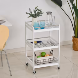 HOMCOM 3-Tier Home Trolley Kitchen Storage w/ Steel Bars 4 Wheels Rolling White