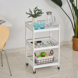 HOMCOM 3-Tier Home Trolley Kitchen Storage w/ Steel Bars 4 Wheels Rolling White