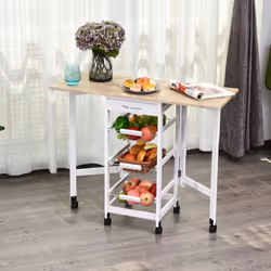 HOMCOM Drop-Leaf Kitchen Trolley w/ 3 Baskets Drawer Surface Top 6 Wheels White