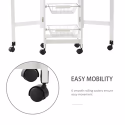 HOMCOM Drop-Leaf Kitchen Trolley w/ 3 Baskets Drawer Surface Top 6 Wheels White