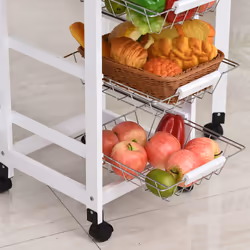 HOMCOM Drop-Leaf Kitchen Trolley w/ 3 Baskets Drawer Surface Top 6 Wheels White
