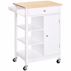 HOMCOM Kitchen Storage Trolley Unit Wood Top Shelves Cupboard Drawer Rail White