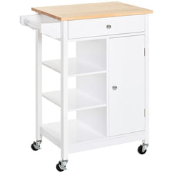 HOMCOM Kitchen Storage Trolley Unit Wood Top Shelves Cupboard Drawer Rail White
