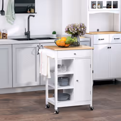 HOMCOM Kitchen Storage Trolley Unit Wood Top Shelves Cupboard Drawer Rail White