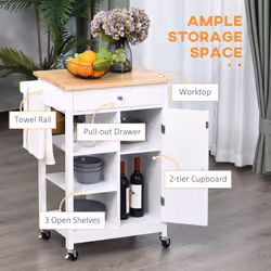 HOMCOM Kitchen Storage Trolley Unit Wood Top Shelves Cupboard Drawer Rail White