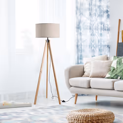 HOMCOM Wood Tripod Floor Lamp Home Lighting Elegant E27 Bulb Linen Shade Beige - Additional view 4
