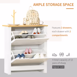 HOMCOM 12-Shoe Storage Cabinet 4 Shelves 2 Drawers Tabletop White - Additional view 4