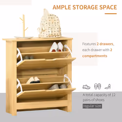 HOMCOM 12-Shoe Storage Cabinet 4 Shelves 2 Drawers Tabletop Natural