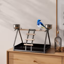PawHut Portable Bird Stand Resting Stainless Steel Base Wood Perch Ladder Bowls