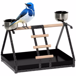 PawHut Portable Bird Stand Resting Stainless Steel Base Wood Perch Ladder Bowls - Additional view 4