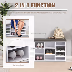 HOMCOM Multi-Storage Shoe Rack 14 Compartments Cushion Moving Shelves Home White