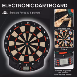 HOMCOM Electronic Dartboard 26 Games,185 Variations with 6 Darts Ready-to-Play