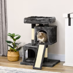 PawHut Cat Rest & Play Activity Tree w/ 2 House Perch Scratching Post Black
