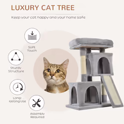 PawHut Cat Rest & Play Activity Tree w/ 2 House Perch Scratching Post Grey - Additional view 10