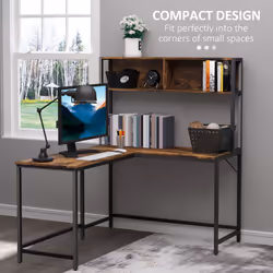 HOMCOM Industrial L-Shaped Work Desk & Storage Shelf Steel Frame Adjustable Feet