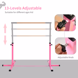 HOMCOM Adjustable Kids Gymnastics Bar Horizontal Training Steel Frame Wood Pink