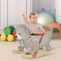 HOMCOM Kids Rocking Bear Plush Ride On Seat w/ Sound Button Wood Base Seat Belt