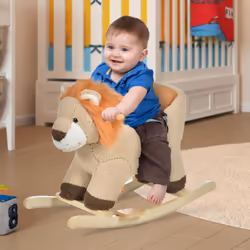 HOMCOM Kids Rocking Lion Plush Ride On Seat w/ Sound Button Wood Base Seat Belt