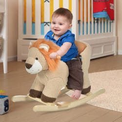 HOMCOM Kids Rocking Lion Plush Ride On Seat w/ Sound Button Wood Base Seat Belt