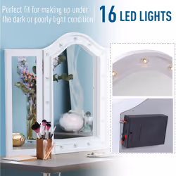 HOMCOM Lighted Tri-Fold Vanity Mirror Large Cosmetic Mirror w/ LED Lights White - Additional view 4