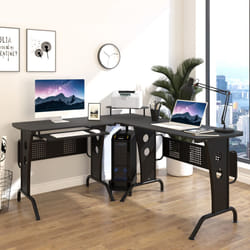 HOMCOM Space-Saving Corner Work Office Desk Gaming w/ Steel Frame CPU Rack Black