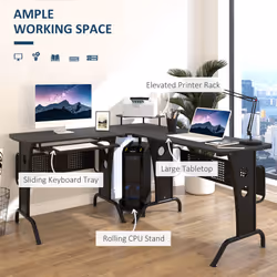 HOMCOM Space-Saving Corner Work Office Desk Gaming w/ Steel Frame CPU Rack Black