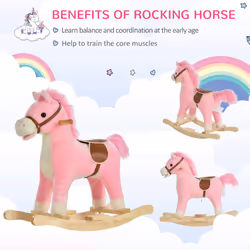HOMCOM Kids Plush Rocking Horse w/ Moving Mouth Tail Sounds 18-36 Months Pink