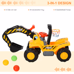 HOMCOM 3 in 1 Kids Ride-On Tractor Excavator w/ Storage Basketball Hoop