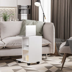 HOMCOM C-Shape End Table Storage Unit w/ 2 Shelves 4 Wheels Home Office White