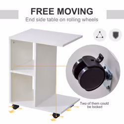 HOMCOM C-Shape End Table Storage Unit w/ 2 Shelves 4 Wheels Home Office White