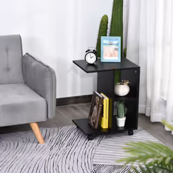 HOMCOM C-Shape End Table Storage Unit w/ 2 Shelves 4 Wheels Home Black