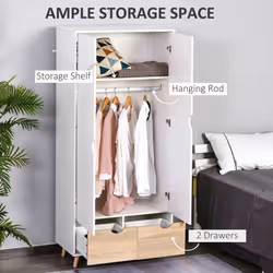 HOMCOM 2-Door Clothes Wardrobe w/ Rail Shelf 2 Storage Drawers Wood Feet White