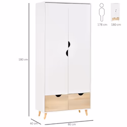 HOMCOM 2-Door Clothes Wardrobe w/ Rail Shelf 2 Storage Drawers Wood Feet White - Additional view 6