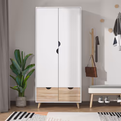HOMCOM 2-Door Clothes Wardrobe w/ Rail Shelf 2 Storage Drawers Wood Feet White - Additional view 7