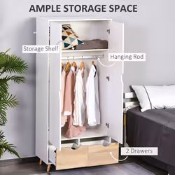 HOMCOM 2-Door Clothes Wardrobe w/ Rail Shelf 2 Storage Drawers Wood Feet White - Additional view 8