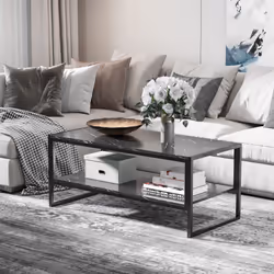 HOMCOM Two-Tier Coffee Table with Marble Effect Shelf and Metal Frame Black
