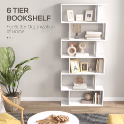 HOMCOM 6-Tier Wooden Modern S-Shaped Shelf Storage Unit Home Office White