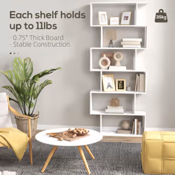 HOMCOM 6-Tier Wooden Modern S-Shaped Shelf Storage Unit Home Office White - Additional view 4