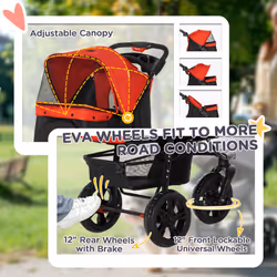 PawHut Folding 3 Wheel Pet Stroller Travel Adjustable Canopy Storage Brake Red - Additional view 7