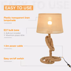 HOMCOM Nautical Style Rope-Base Table Lamp w/ Fabric Lampshade Metal Frame Beige - Additional view 4