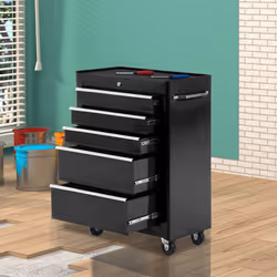 HOMCOM 5-Drawer Lockable Steel Tool Storage Cabinet Wheels Handle 2 Keys Black - Additional view 7