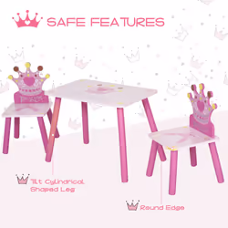 HOMCOM 3 Pcs Kids Princess & Crown Chair Table Set Home Furniture 2-4 Yrs Pink