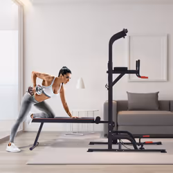 HOMCOM Multifunction Home Workout Station Tower Steel Frame w/ Bench Bars Ropes