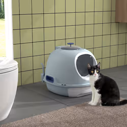 PawHut Futuristic Capsule-Shaped Cat Litter Box w/ 2 Doors Scoop Drawer Blue