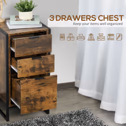 HOMCOM Industrial 3-Drawer Bedroom Chest of Drawers with Metal Frame, Brown