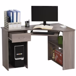 HOMCOM L-Shaped Corner Computer Desk w/ 2 Shelves Worktop Keyboard Tray Grey
