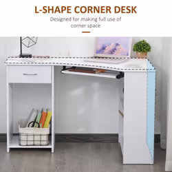 HOMCOM L-Shaped Corner Computer Desk w/ 2 Shelves Worktop Keyboard Tray White